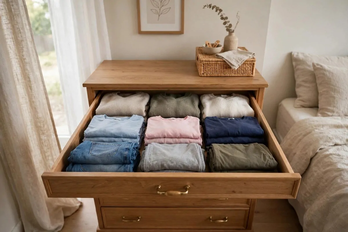 Open dresser drawer with neatly folded clothes in rows