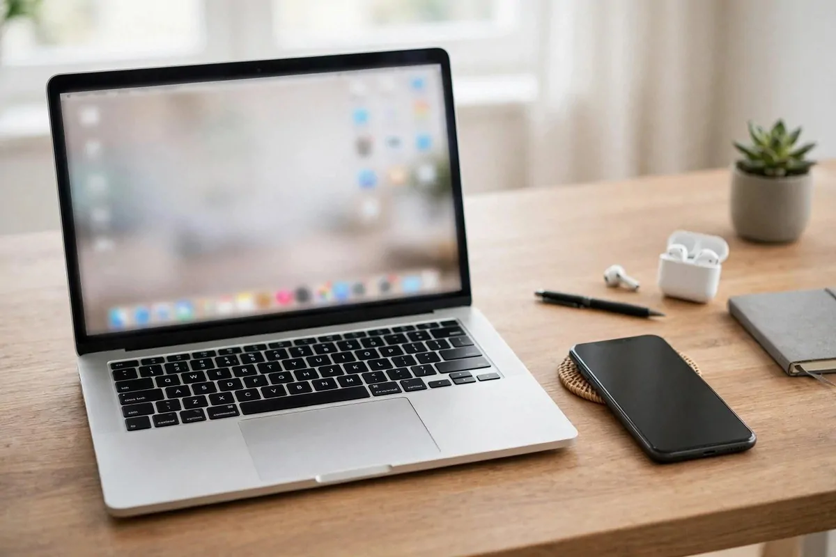 Laptop with clean desktop and smartphone on an organized desk