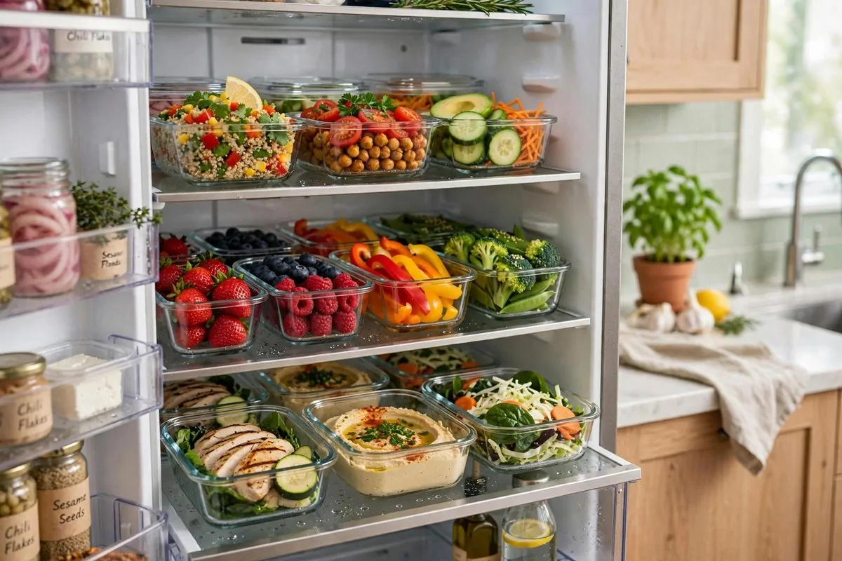 Glass meal prep containers with colorful food in an open fridge