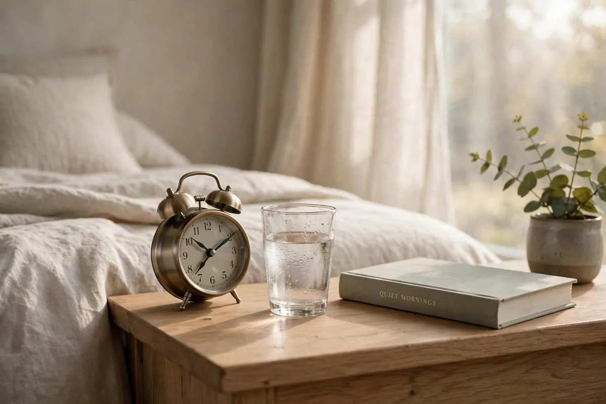 Bedside table with alarm clock, glass of water and book in soft morning light