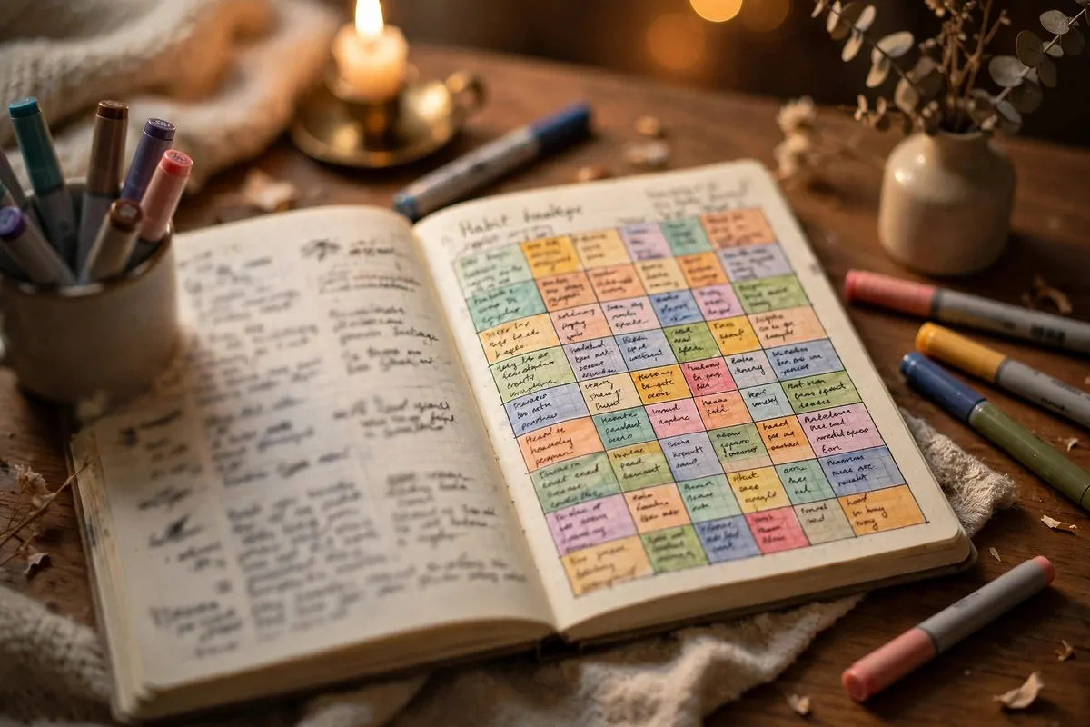 Bullet journal habit tracker with colored grids and markers on a desk