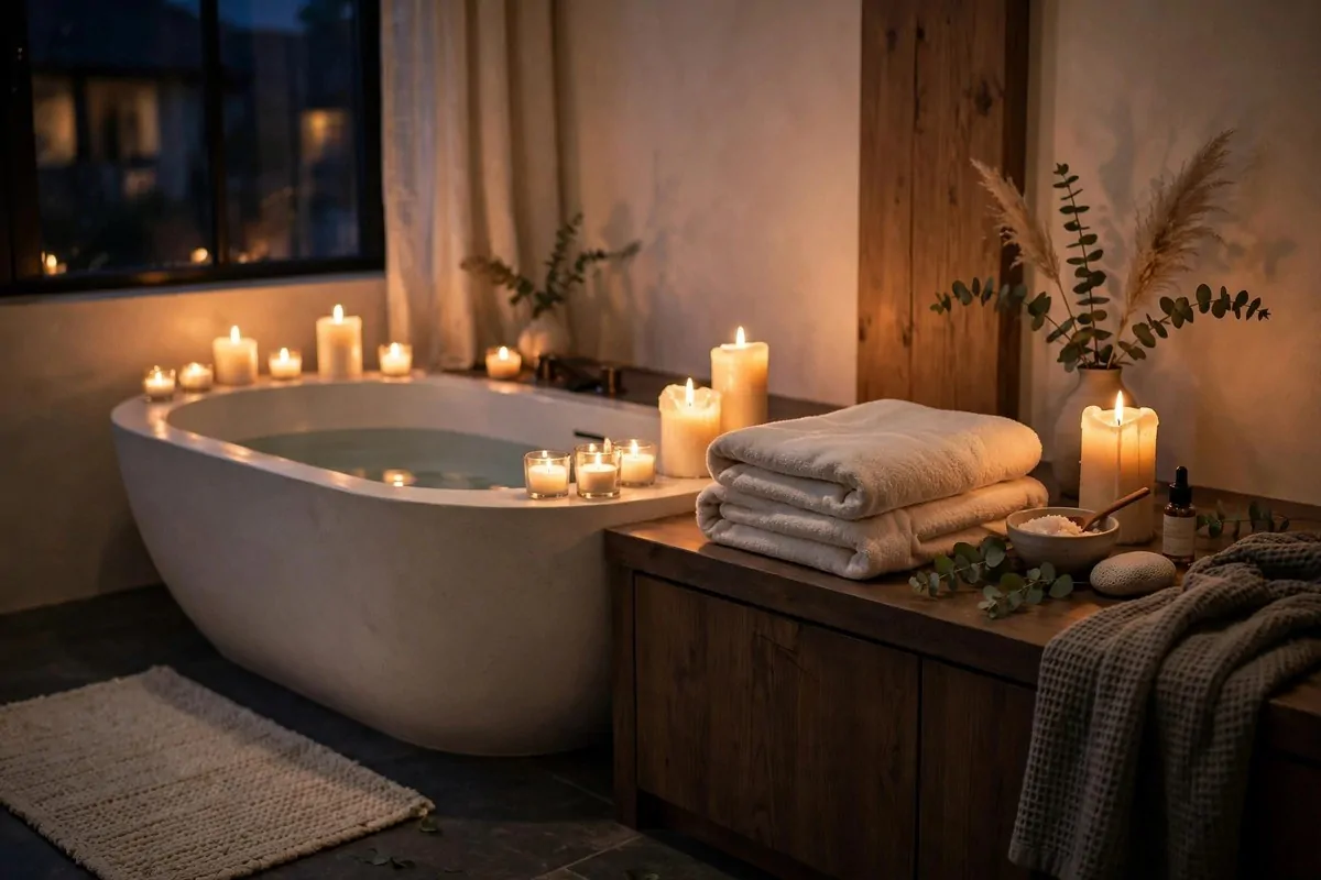 Relaxing bathtub with candles and folded towel for a self care evening
