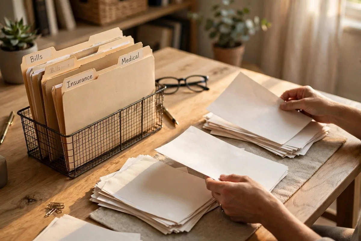Labeled folders for bills, insurance and medical papers on a wooden desk