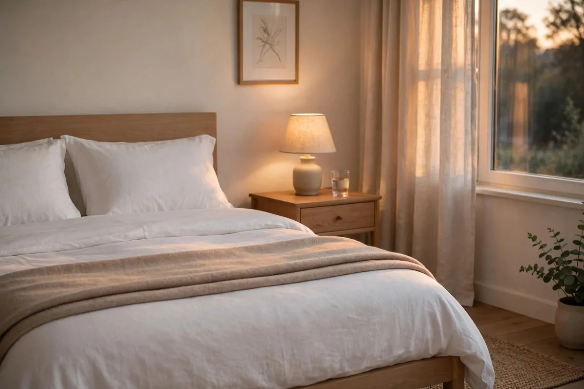 Calm bedroom with fresh white bedding and a tidy nightstand in warm evening light