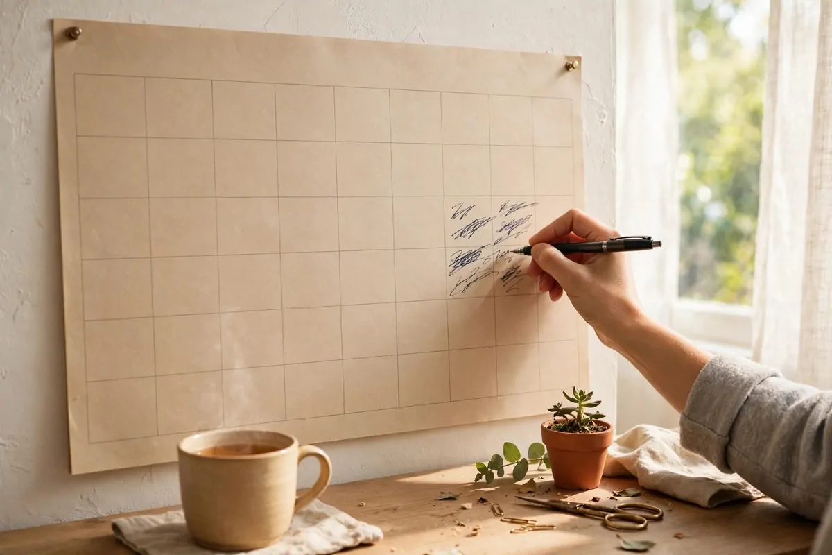 Hand writing plans on a large paper wall calendar next to a cup of tea