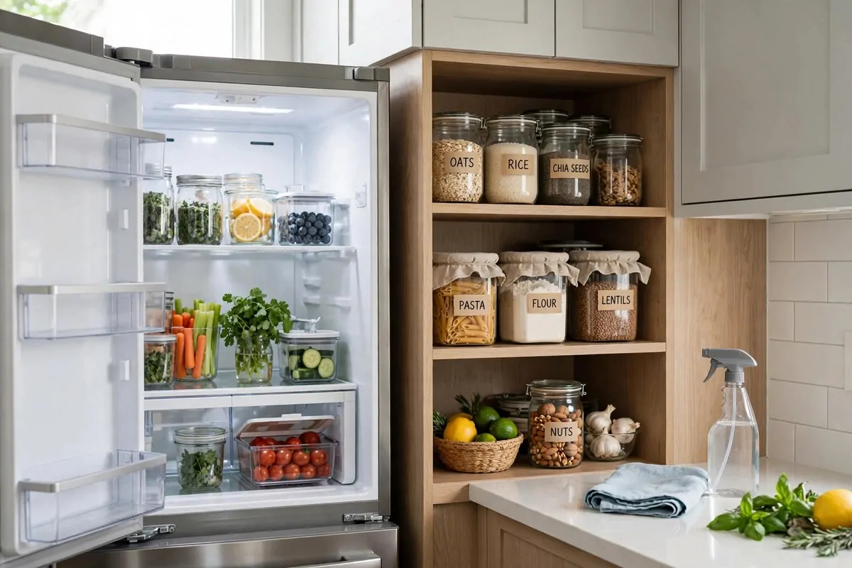 Open fridge and pantry shelves with neatly arranged jars and labeled containers