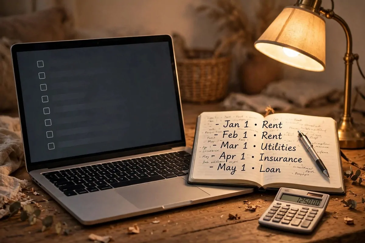 Notebook with monthly payment dates next to a laptop with a payment checklist