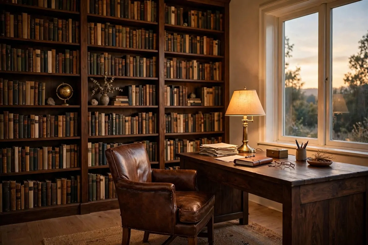 A quiet second bedroom turned into a real study, big dark wood desk, tall bookshelves full of books, warm reading lamp glowing, leather chair, soft evening light through a window