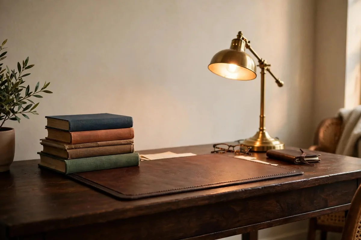 16 2nd Bedroom Office Ideas That Feel Like a Real Study 1 A big dark wood desk in a second bedroom study, leather desk pad, stack of books, brass reading lamp, warm light, plain wall behind