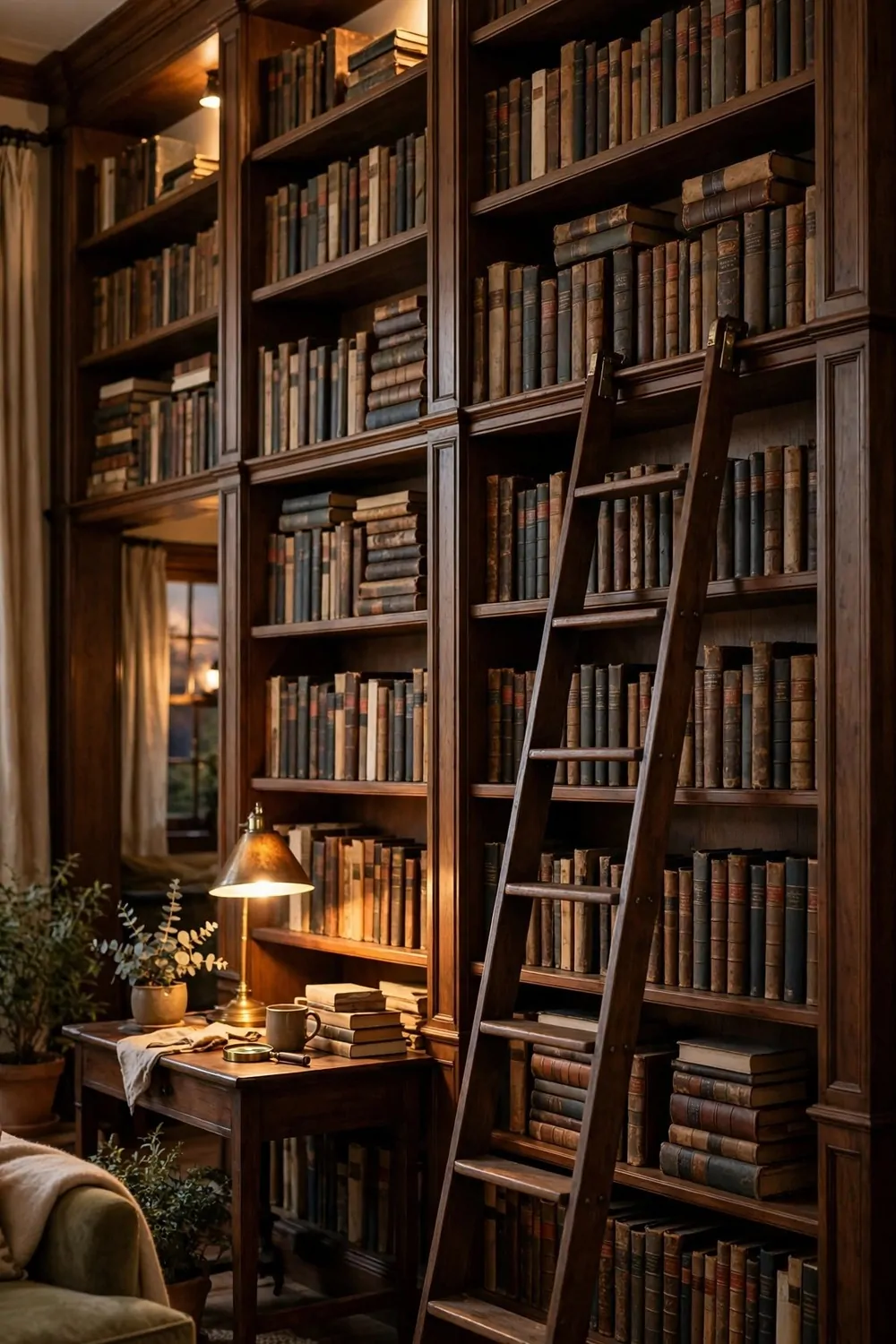 16 2nd Bedroom Office Ideas That Feel Like a Real Study 2 Tall dark wood bookshelves reaching the ceiling in a second bedroom study, rows of old books, small ladder leaning against the shelves, warm light