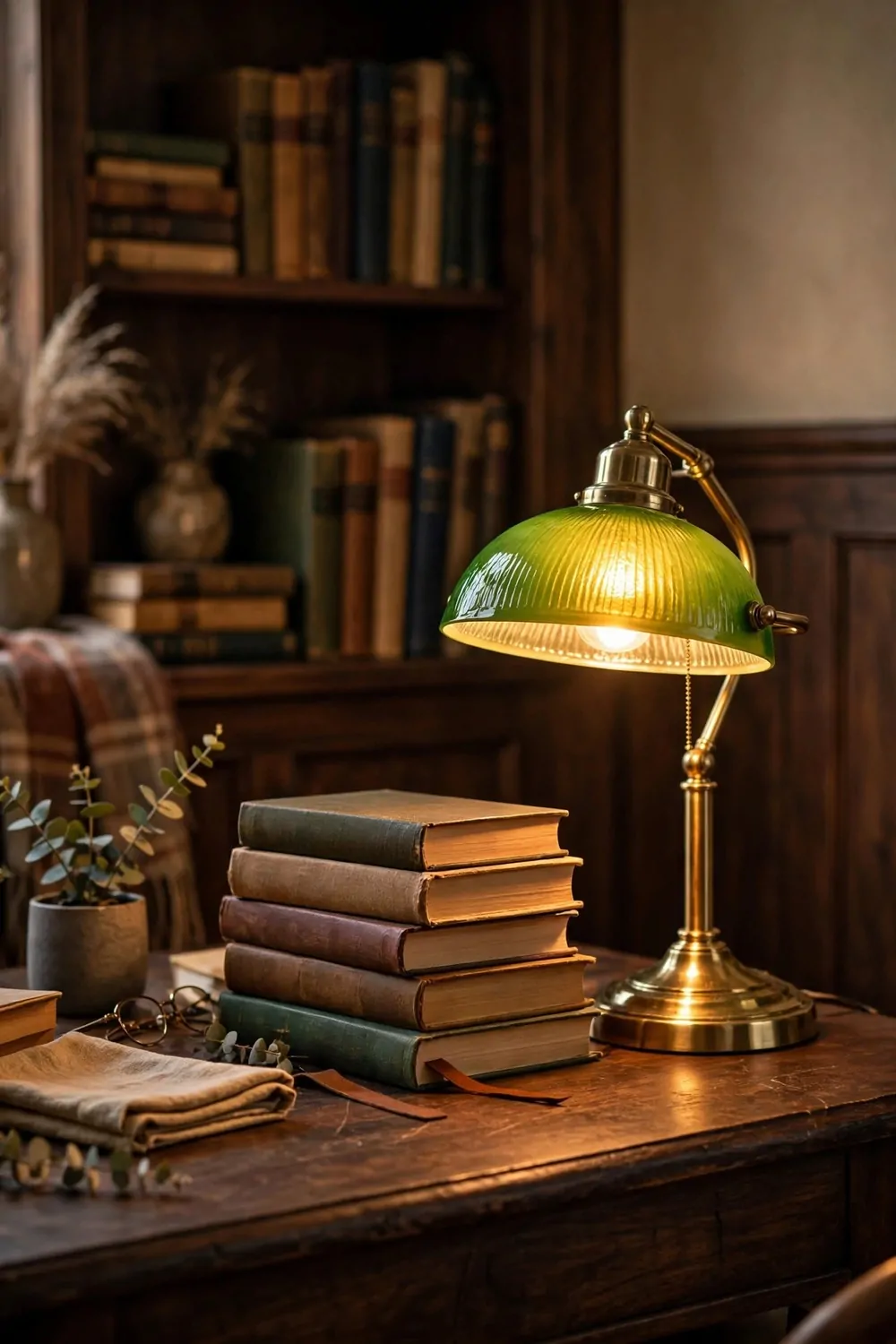 16 2nd Bedroom Office Ideas That Feel Like a Real Study 3 A brass reading lamp with a green glass shade glowing on a dark wood desk in a study, stack of books beside it, warm golden light