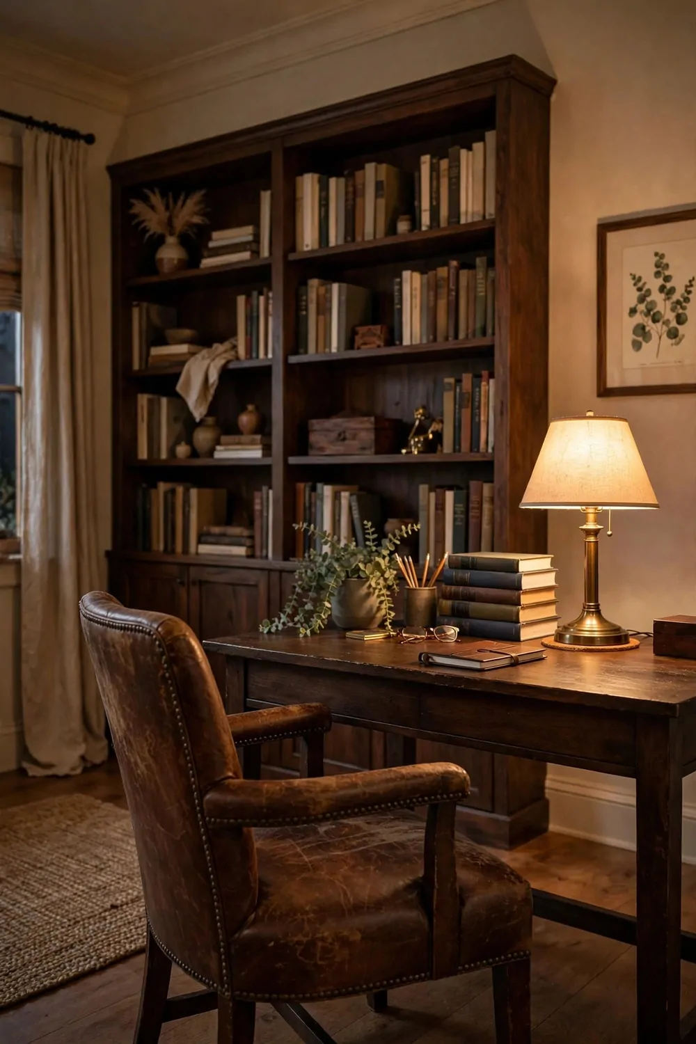 16 2nd Bedroom Office Ideas That Feel Like a Real Study 4 A worn brown leather chair at a dark wood desk in a second bedroom study, bookshelves behind, warm lamp light, quiet room