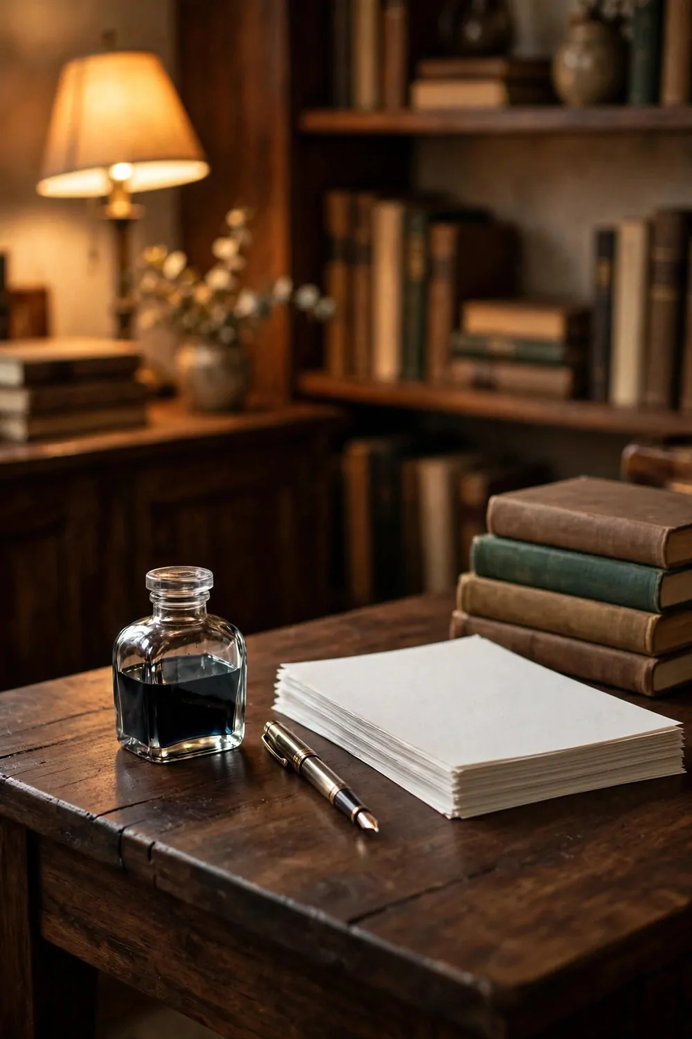 16 2nd Bedroom Office Ideas That Feel Like a Real Study 5 A glass ink bottle, fountain pen and stack of plain paper on a dark wood desk in a study, warm lamp light, books beside