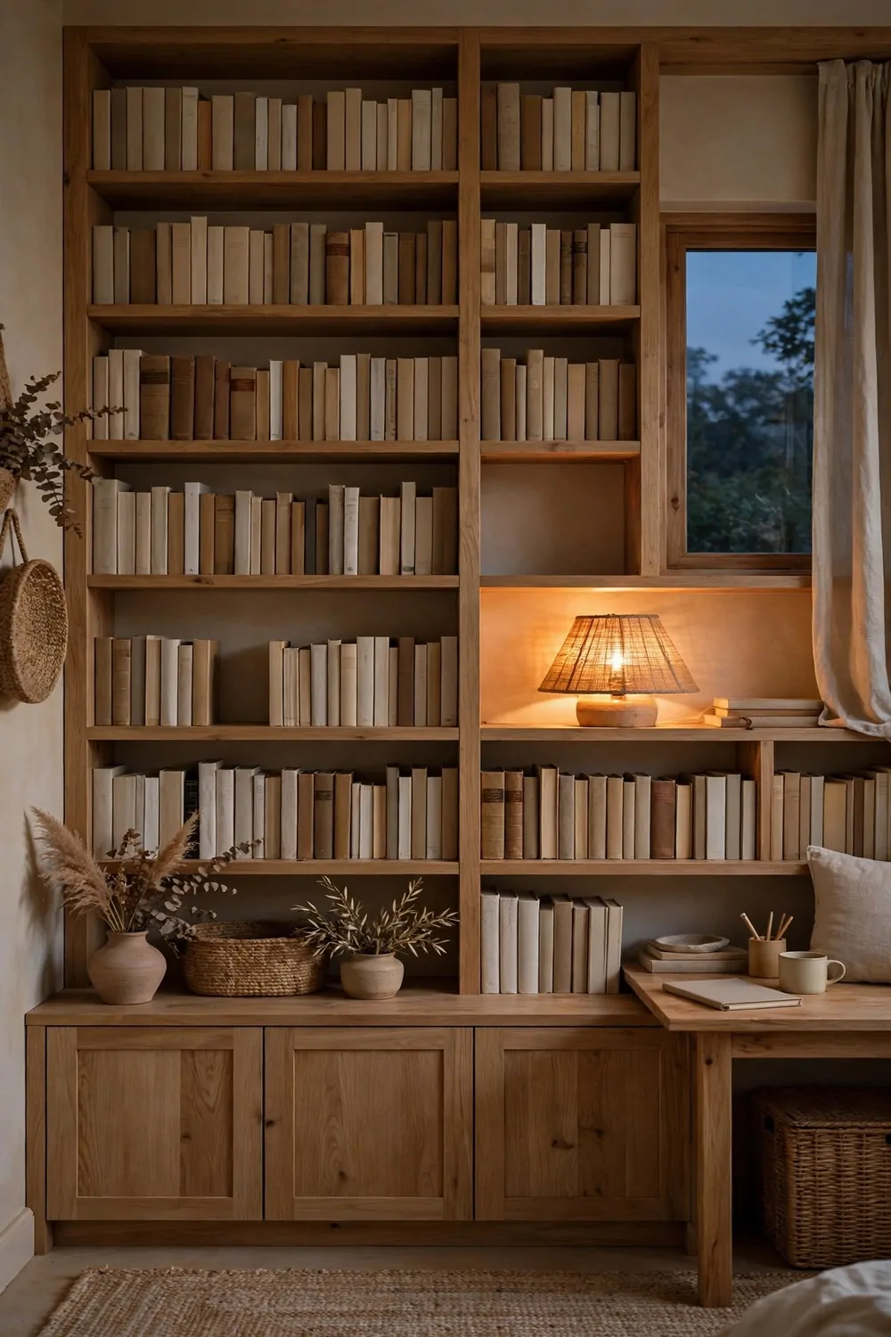 16 2nd Bedroom Office Ideas That Feel Like a Real Study 6 A wall of bookshelves in a second bedroom study, books arranged by size with a few empty gaps, warm lamp glowing, quiet evening light