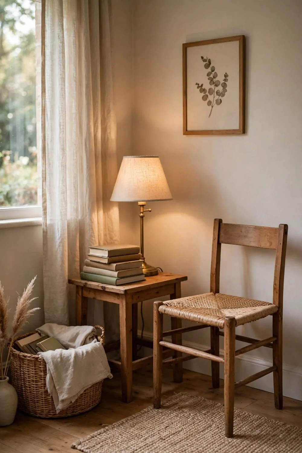 16 2nd Bedroom Office Ideas That Feel Like a Real Study 7 A quiet corner of a second bedroom study with a small wood chair and a reading lamp, stack of books on a side table, soft light