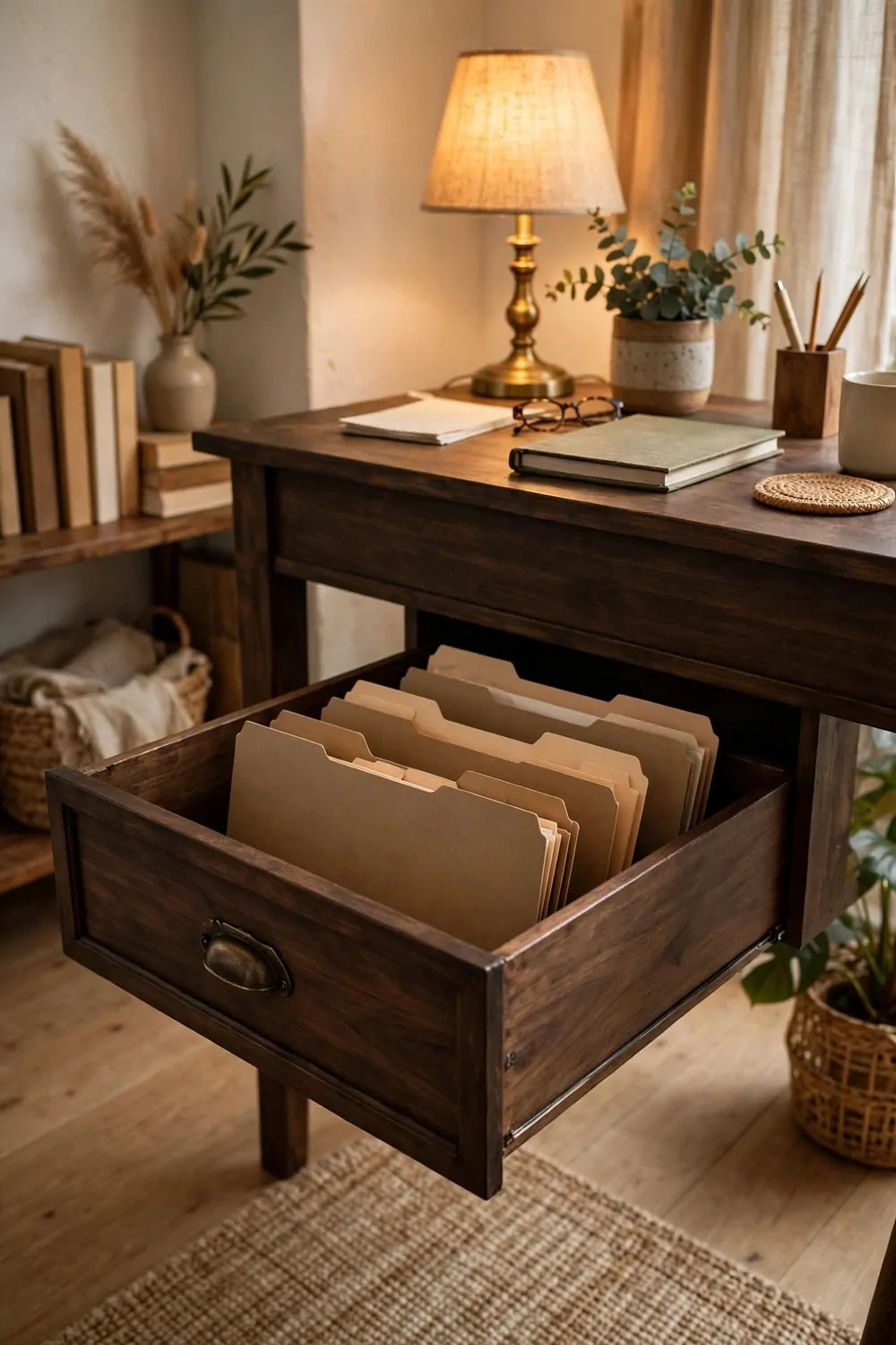 16 2nd Bedroom Office Ideas That Feel Like a Real Study 8 A dark wood filing drawer open under a desk in a study, neat paper folders inside, warm lamp light, tidy room