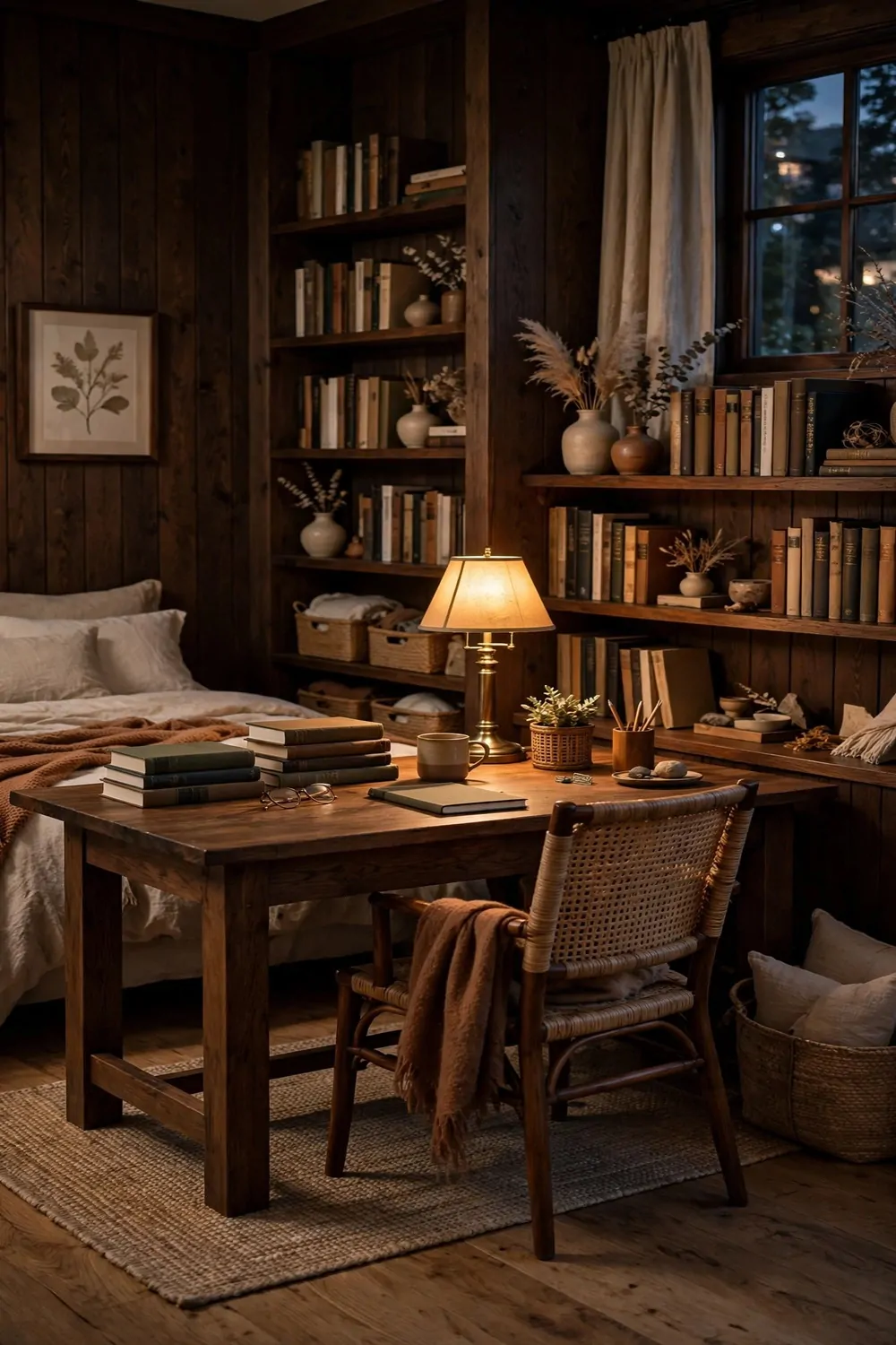 16 2nd Bedroom Office Ideas That Feel Like a Real Study 9 A second bedroom study with dark wood walls and warm lamplight, big desk, bookshelves, no harsh light, calm evening feel