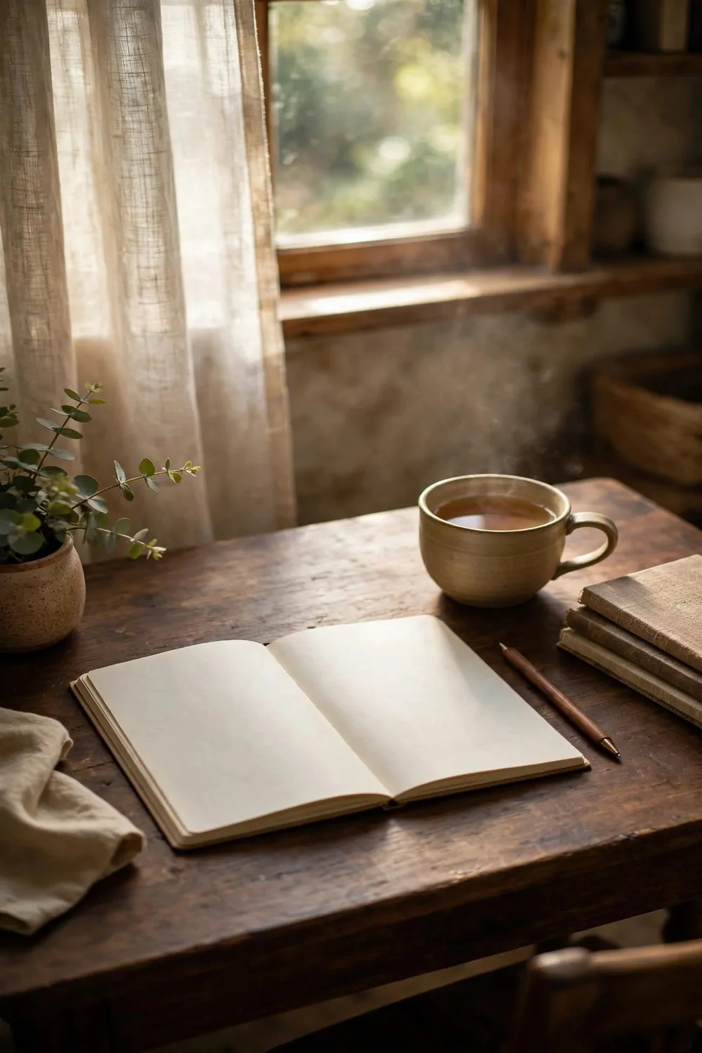 16 2nd Bedroom Office Ideas That Feel Like a Real Study 10 A plain notebook open on a dark wood desk in a study, pen beside it, cup of tea, morning light through a window