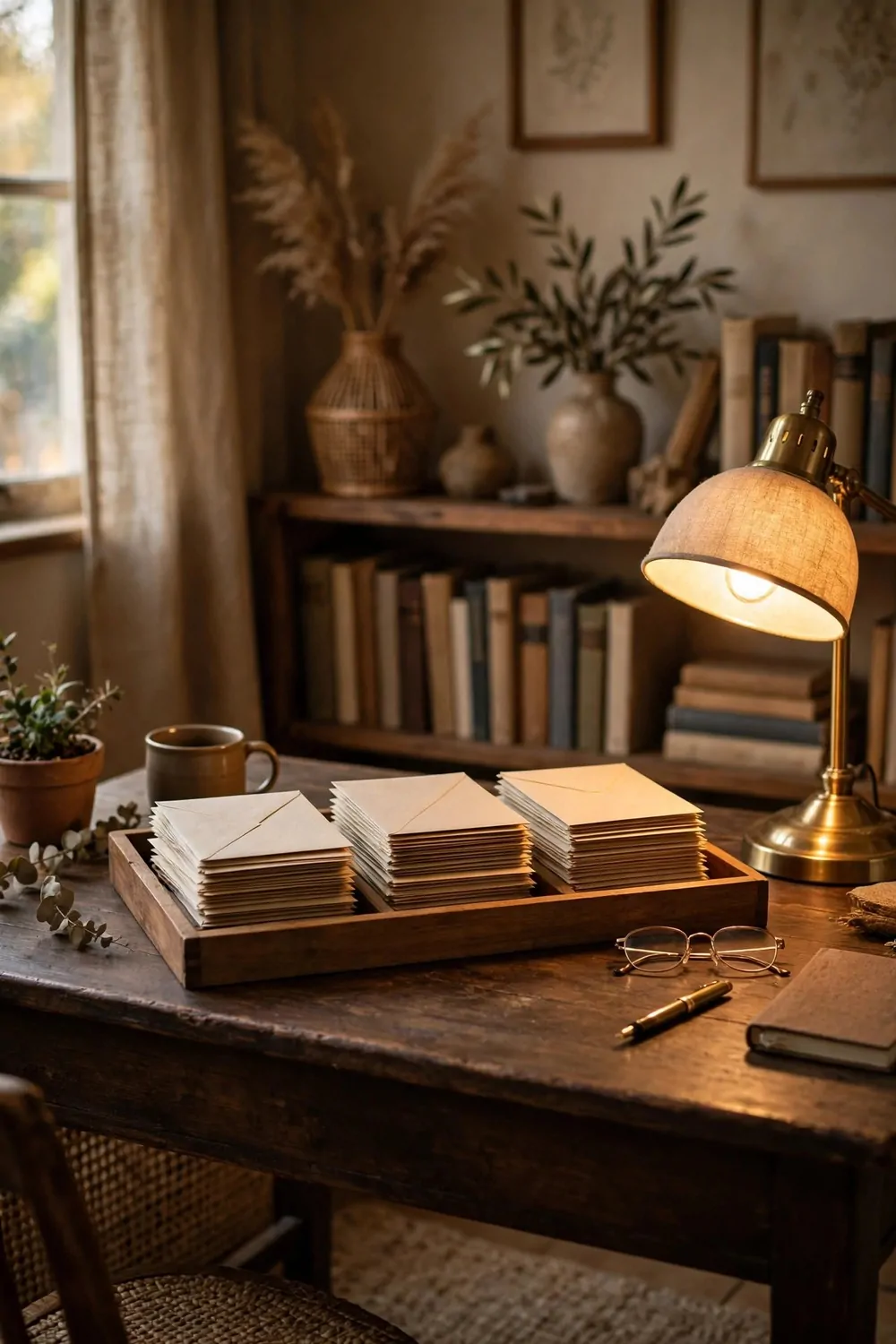 16 2nd Bedroom Office Ideas That Feel Like a Real Study 11 A wood letter tray with three neat stacks of letters on a dark wood desk in a study, brass lamp glowing, quiet room