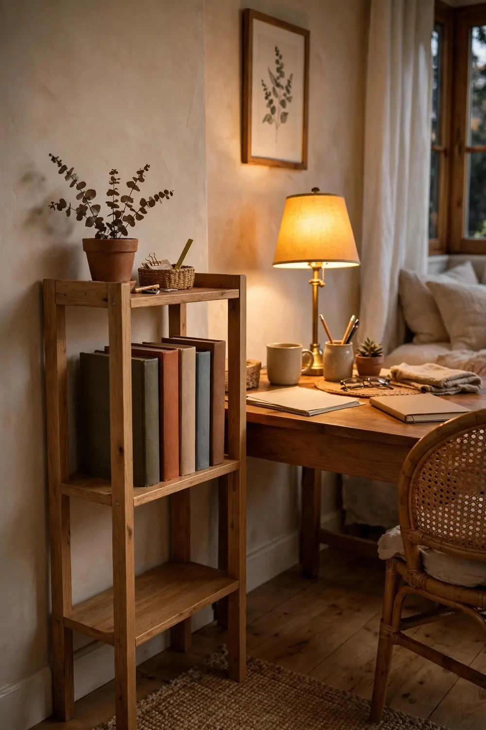 16 2nd Bedroom Office Ideas That Feel Like a Real Study 12 A small standing shelf beside a desk in a second bedroom study, five books in progress stacked upright, warm lamp light