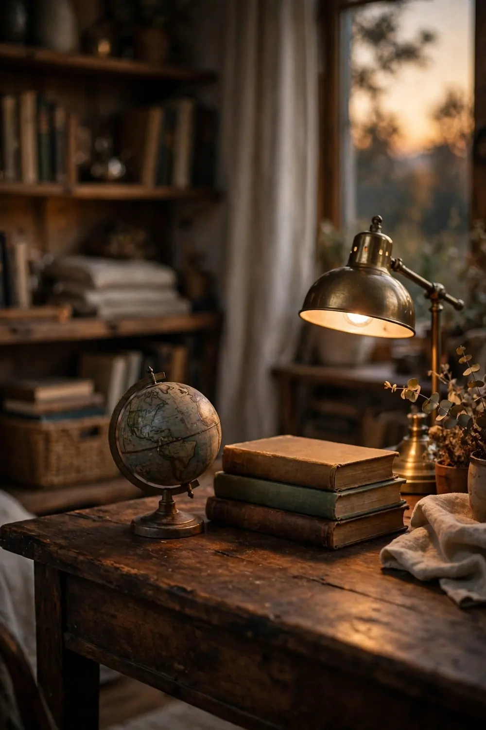 16 2nd Bedroom Office Ideas That Feel Like a Real Study 13 A small old globe on a dark wood desk in a study, books and a brass lamp beside it, warm evening light