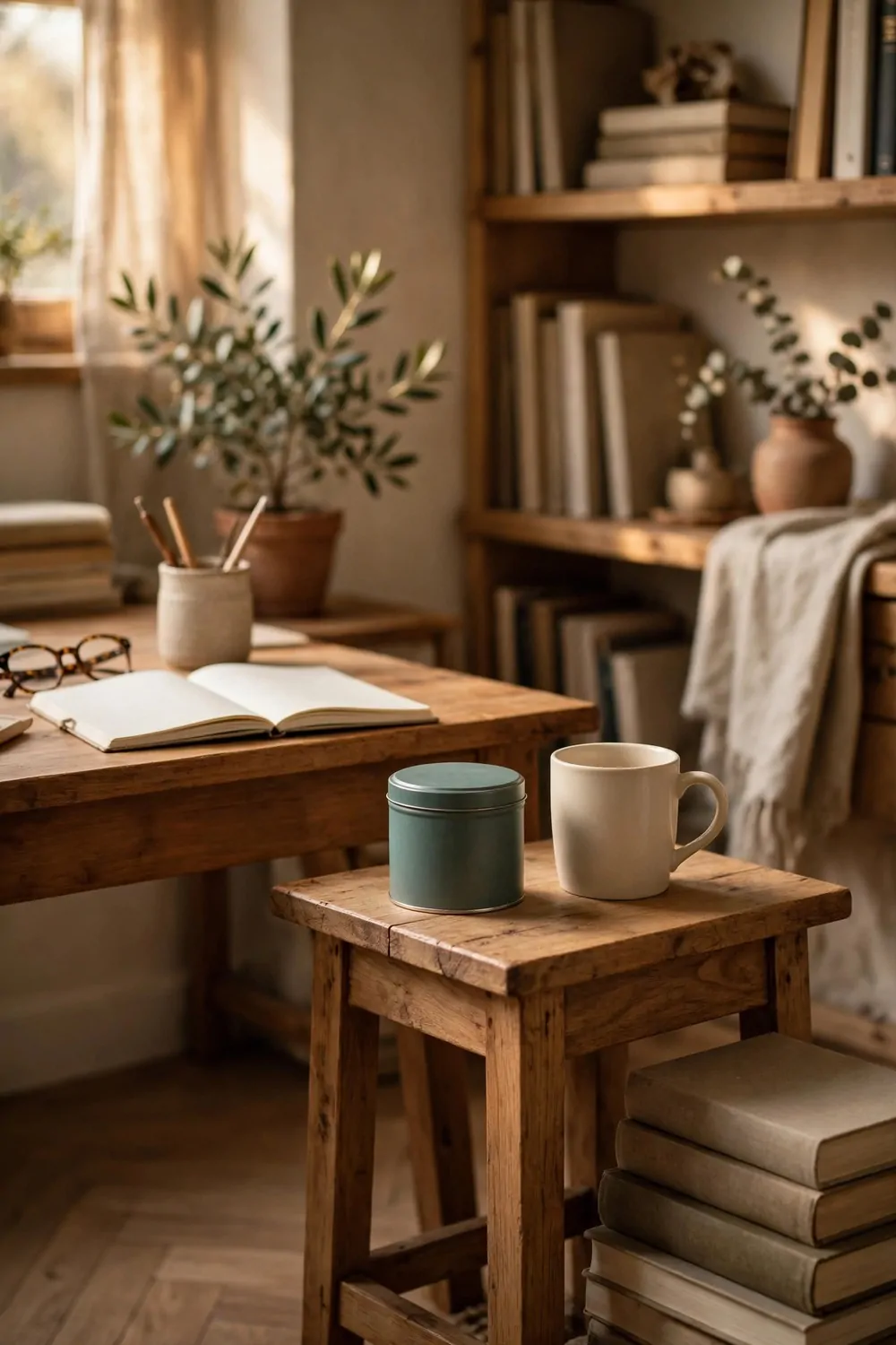 16 2nd Bedroom Office Ideas That Feel Like a Real Study 14 A tin of tea and a plain ceramic mug on a small wood side table beside a desk in a study, books stacked nearby, warm light
