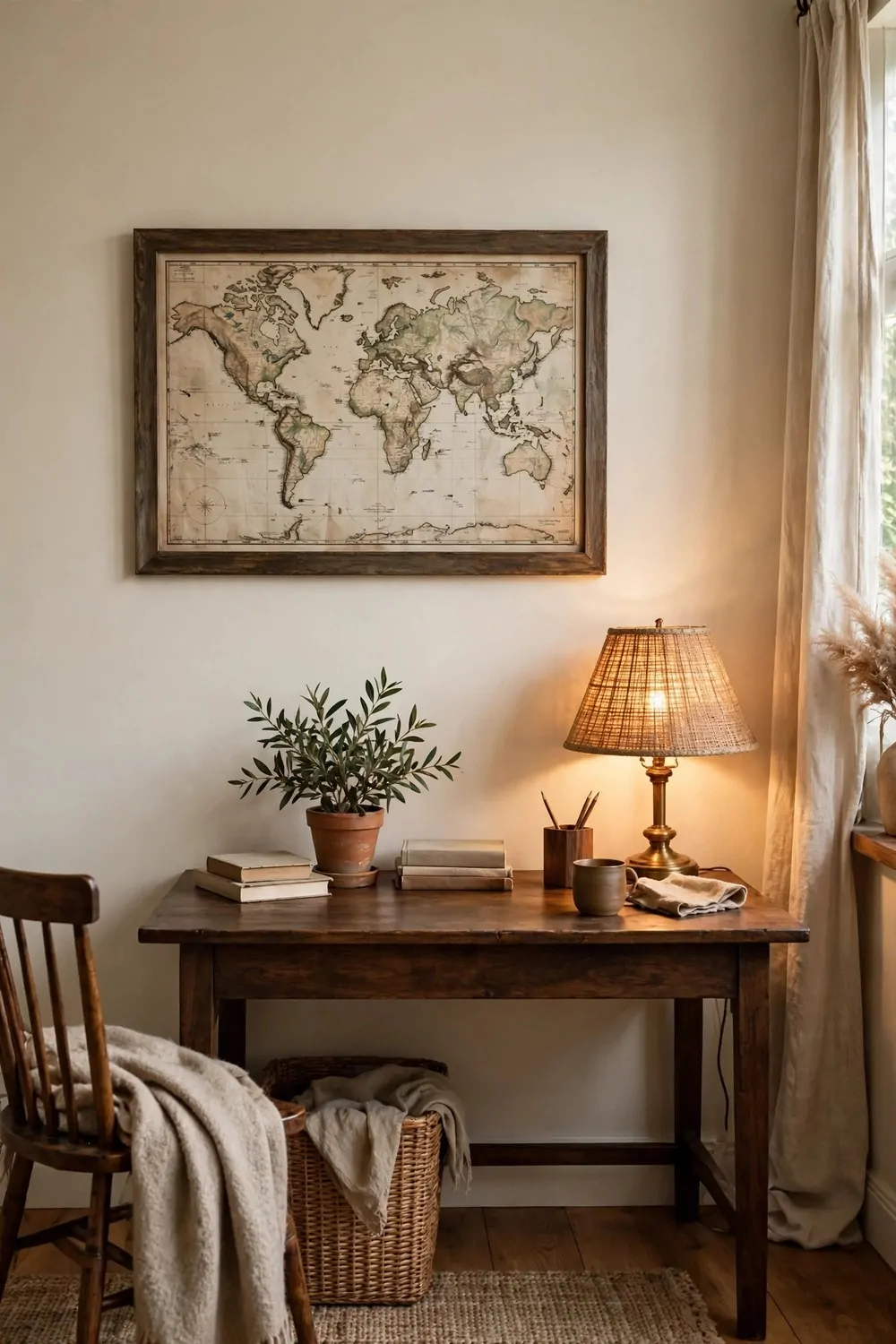 16 2nd Bedroom Office Ideas That Feel Like a Real Study 15 A framed old map hanging on a cream wall in a second bedroom study, dark wood desk below, warm lamp glowing