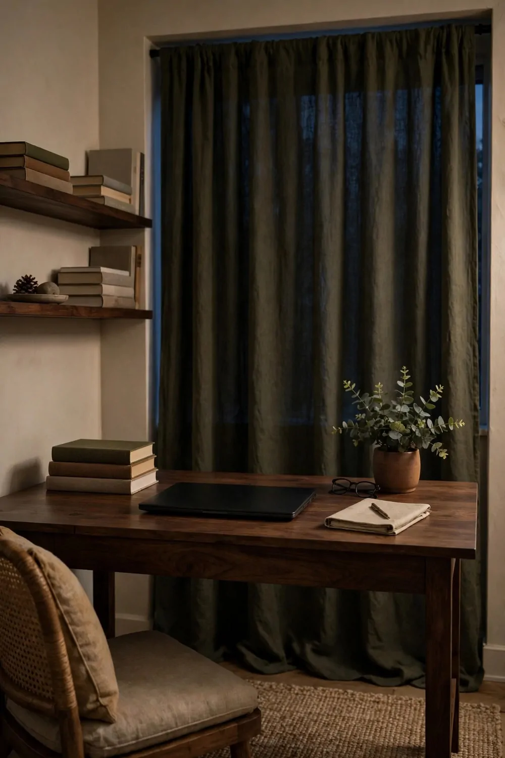 16 2nd Bedroom Office Ideas That Feel Like a Real Study 16 A tidy dark wood desk in a second bedroom study at night, laptop closed, lamp switched off, books stacked neat, curtain drawn, calm evening light