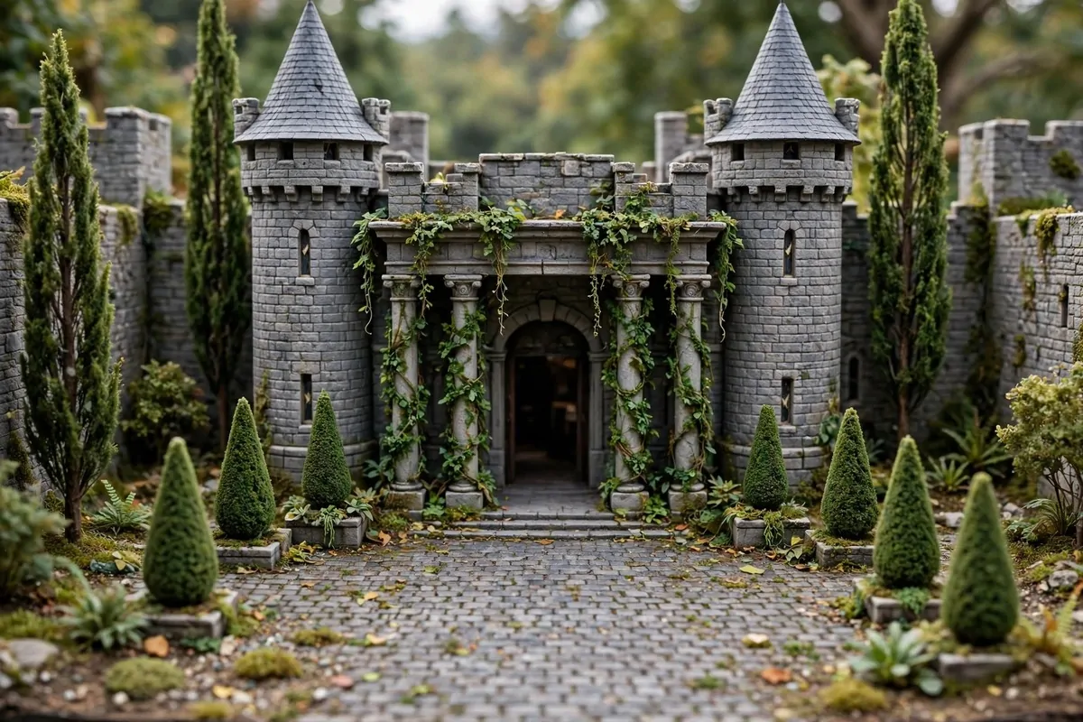 16 Acnh Museum Place Layouts Worth Copying 1 Miniature diorama of a museum entrance styled as a castle courtyard with stone walls, towers and climbing plants