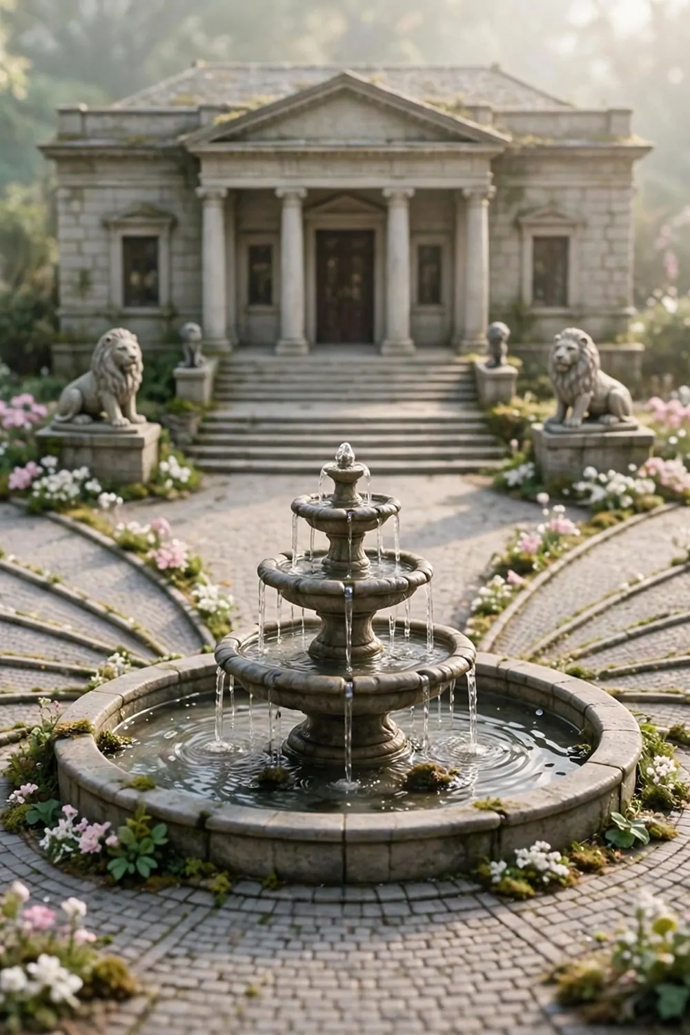 16 Acnh Museum Place Layouts Worth Copying 2 Miniature diorama of a fountain plaza with fairy wing stone paths, stone lion statues and pastel flowers in front of a museum
