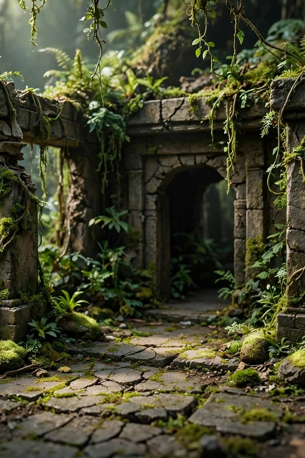 16 Acnh Museum Place Layouts Worth Copying 3 Miniature diorama of a museum entrance styled as ancient temple ruins with broken pillars, vines and glowing moss