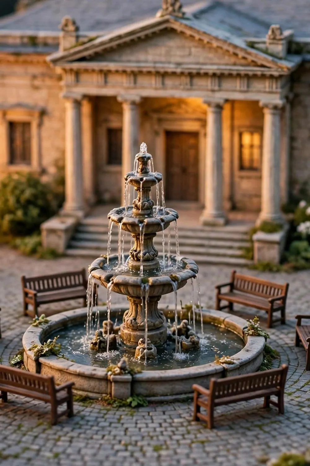 16 Acnh Museum Place Layouts Worth Copying 4 Miniature diorama of a stone plaza with a central fountain, garden benches, streetlamps and flower bushes in front of a museum