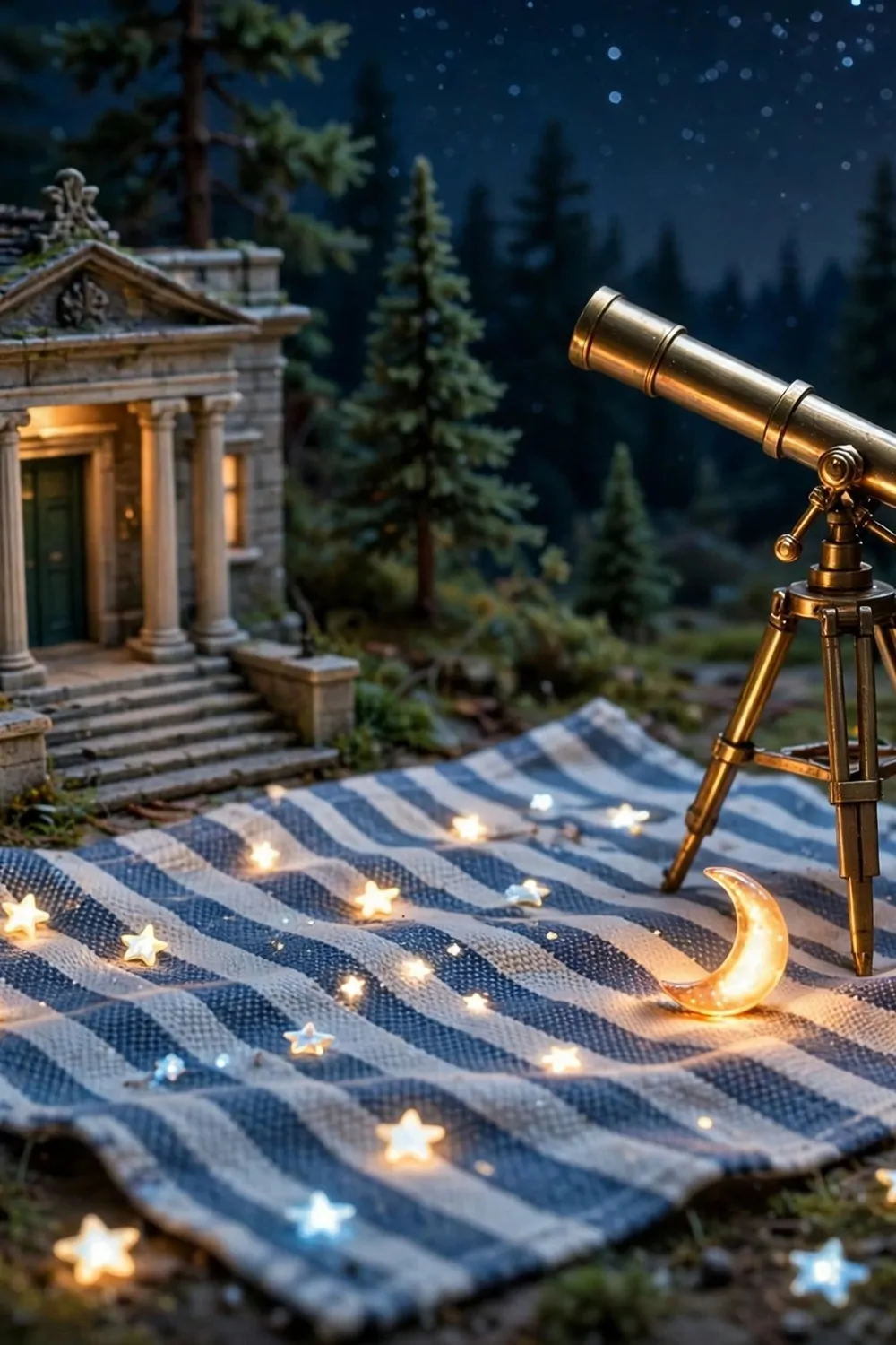 16 Acnh Museum Place Layouts Worth Copying 5 Miniature diorama of a night stargazing corner beside a museum with a telescope, star fragments and a glowing moon ornament
