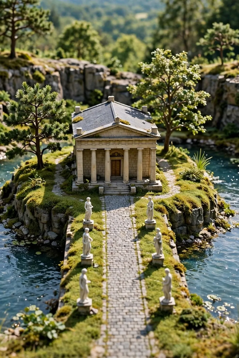 16 Acnh Museum Place Layouts Worth Copying 6 Miniature diorama of a museum on a raised grassy landbridge surrounded by ponds, stone paths and classical statues