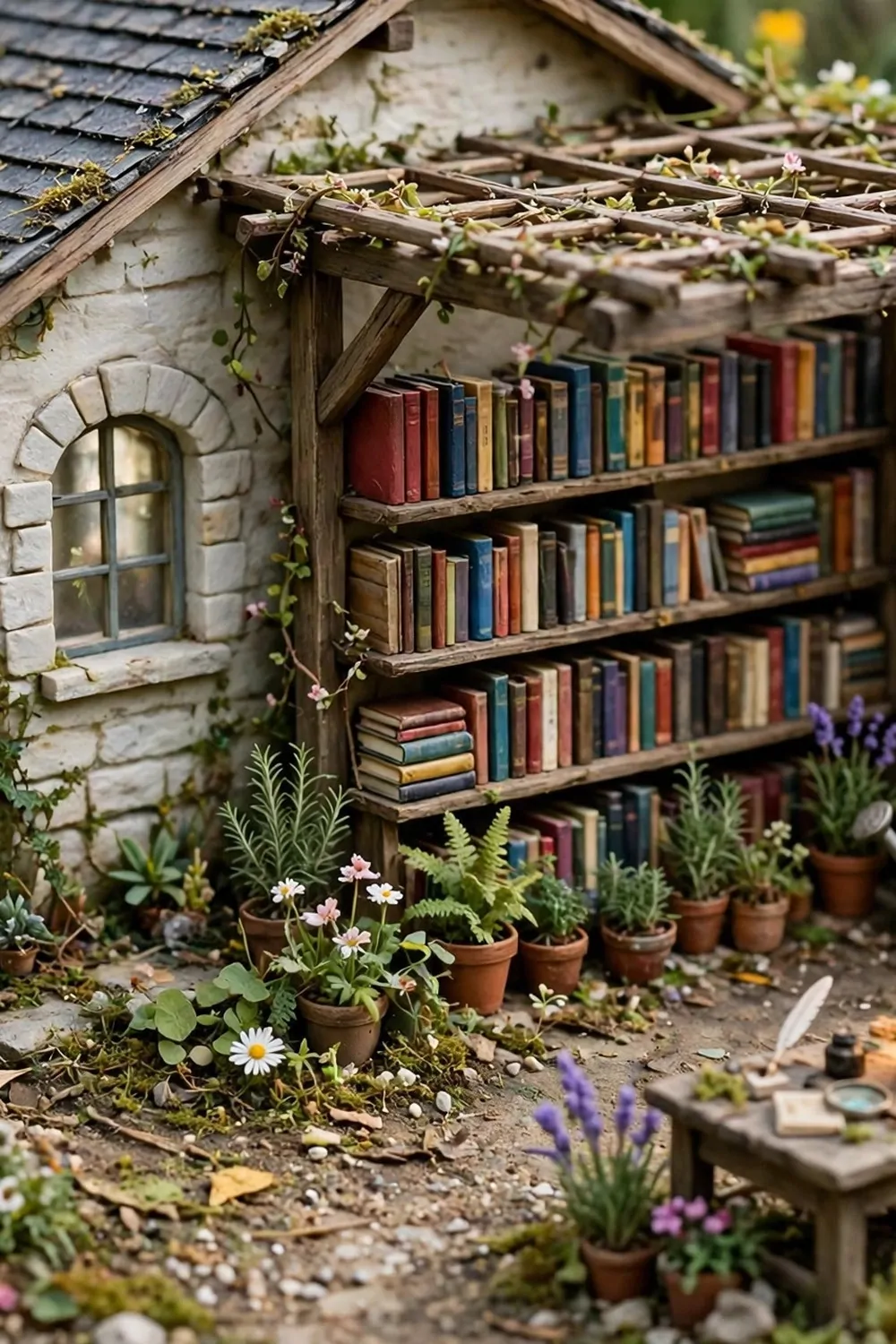 16 Acnh Museum Place Layouts Worth Copying 7 Miniature diorama of a tiny outdoor research library beside a museum with bookshelves, potted plants and a lantern under a pergola