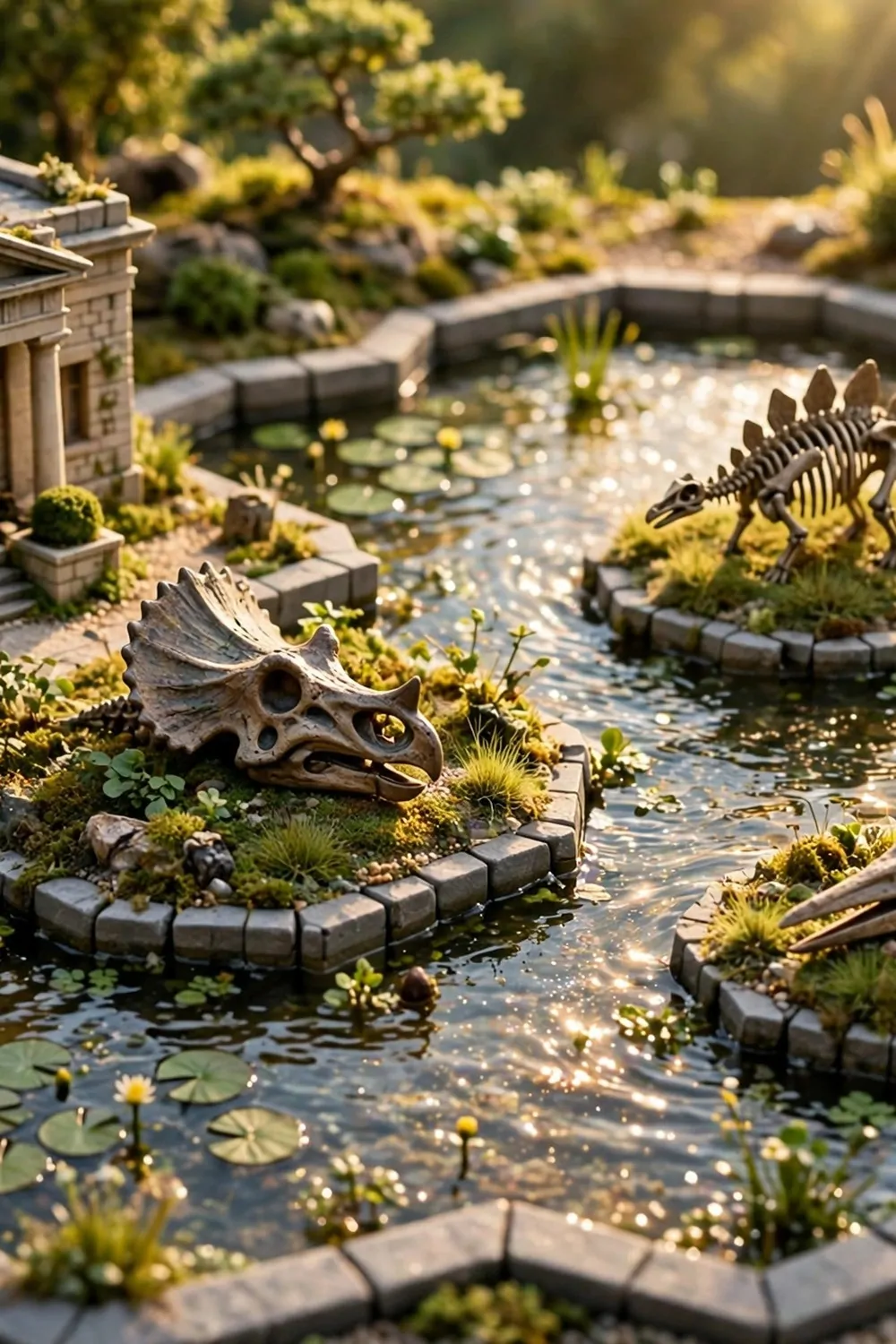 16 Acnh Museum Place Layouts Worth Copying 8 Miniature diorama of decorative ponds with tiny grassy islands, fossil statues and lily pads beside a museum building