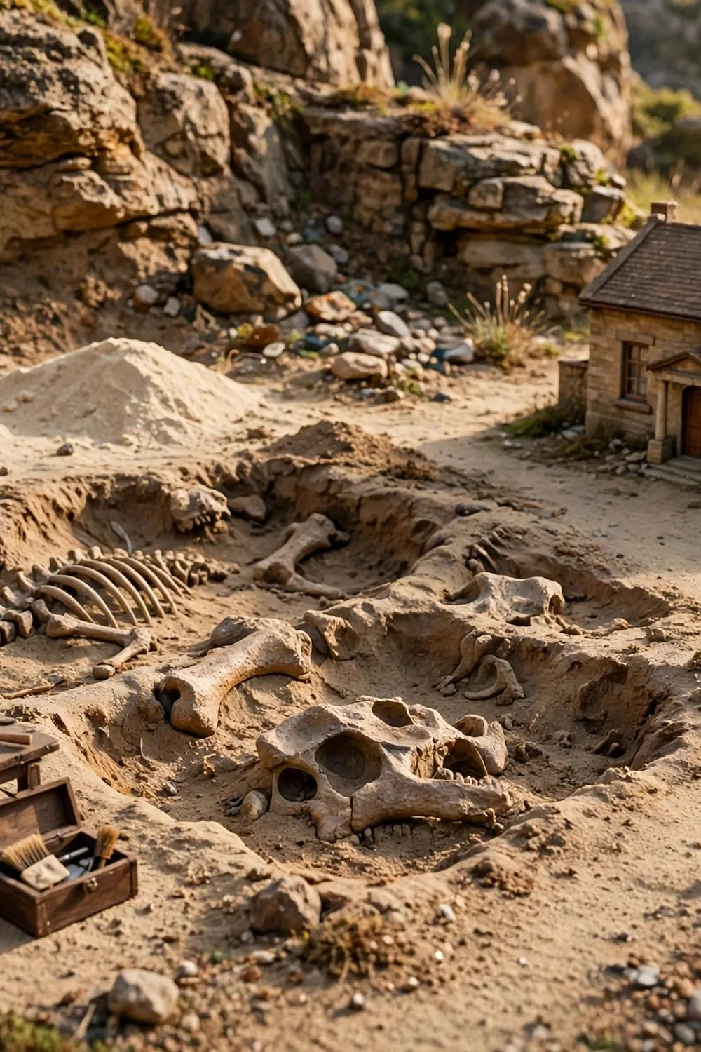 16 Acnh Museum Place Layouts Worth Copying 9 Miniature diorama of an archaeologist dig site beside a museum with sandy paths, half-buried fossils and a workbench with shovels