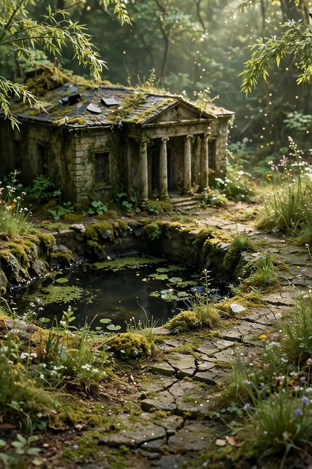 16 Acnh Museum Place Layouts Worth Copying 10 Miniature diorama of a museum approached through wild forest with bamboo, mossy stone path and a dark pond