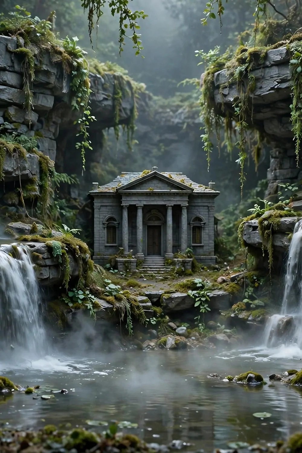 16 Acnh Museum Place Layouts Worth Copying 11 Miniature diorama of a museum framed by cascading waterfalls flowing down stone cliffs on both sides