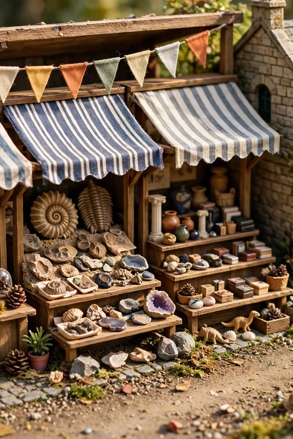 16 Acnh Museum Place Layouts Worth Copying 12 Miniature diorama of a tiny museum gift shop corner with wooden market stalls, striped awnings and souvenir displays
