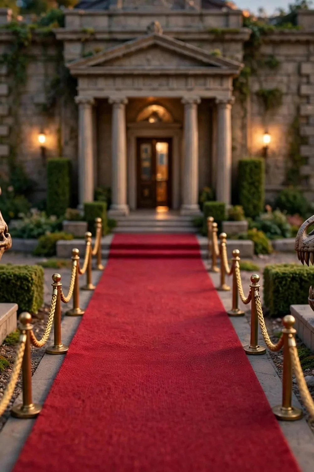 16 Acnh Museum Place Layouts Worth Copying 13 Miniature diorama of a red carpet walkway to a museum entrance with golden rope fences and dinosaur skull fossils on display