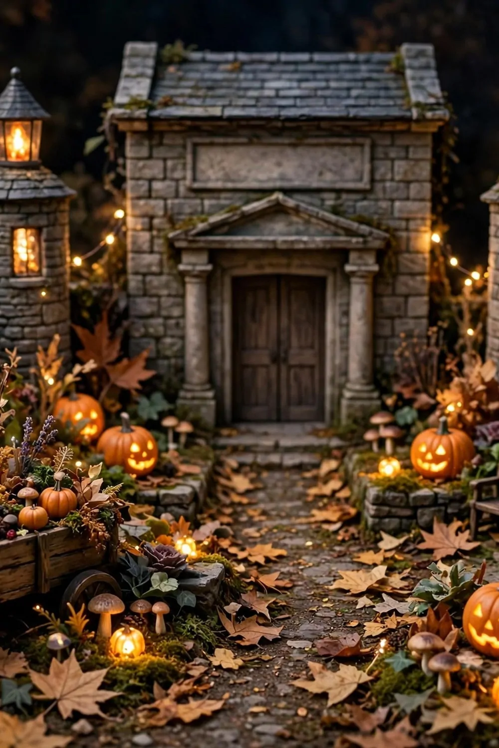 16 Acnh Museum Place Layouts Worth Copying 14 Miniature diorama of a museum entrance at night with a magical autumn garden, glowing pumpkins, bunny topiaries and lantern towers