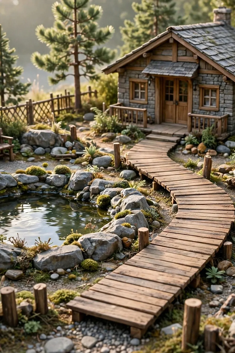 16 Acnh Museum Place Layouts Worth Copying 15 Miniature diorama of a rustic rock garden with a wooden deck walkway, round pond, lattice fences and garden benches leading to a museum