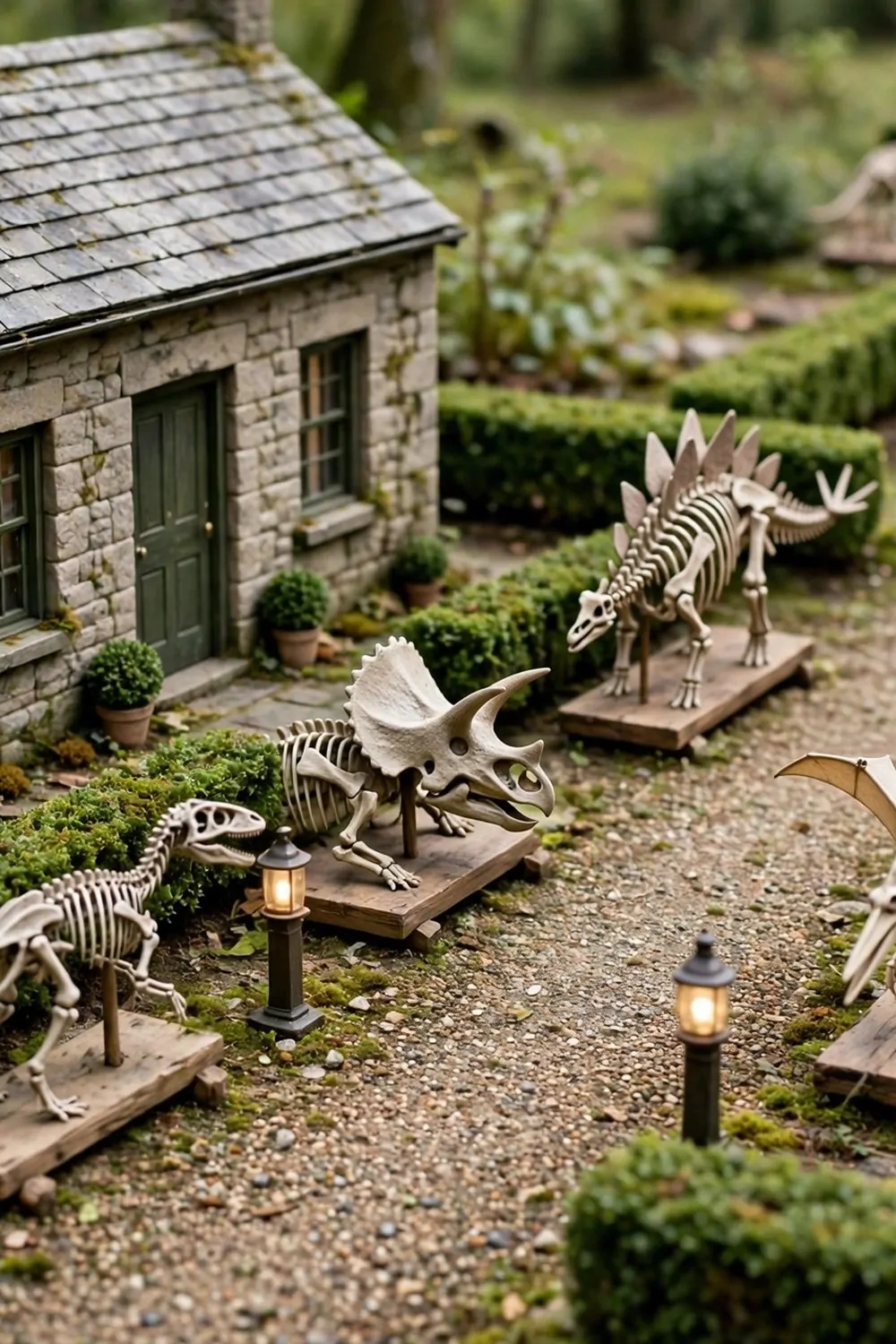 16 Acnh Museum Place Layouts Worth Copying 16 Miniature diorama of an outdoor fossil gallery walkway beside a museum with dinosaur fossils on display stands and lantern posts