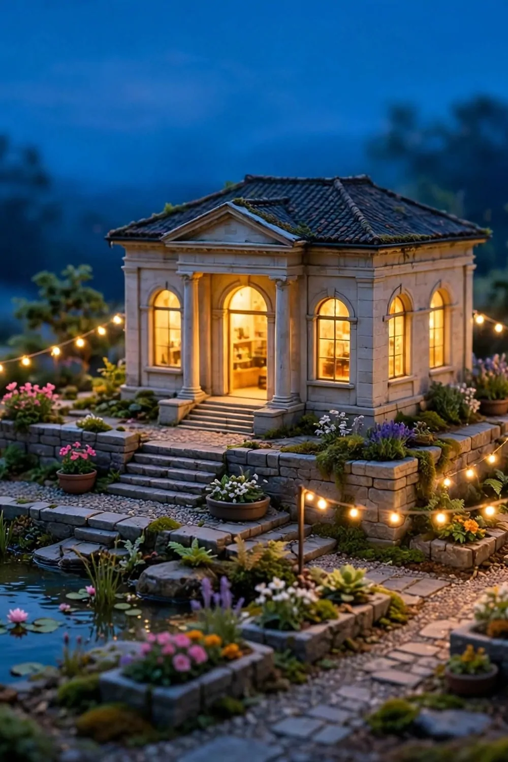 16 Acnh Museum Place Layouts Worth Copying 17 Miniature diorama of a museum at dusk with glowing windows, string lights along garden paths and a small pond