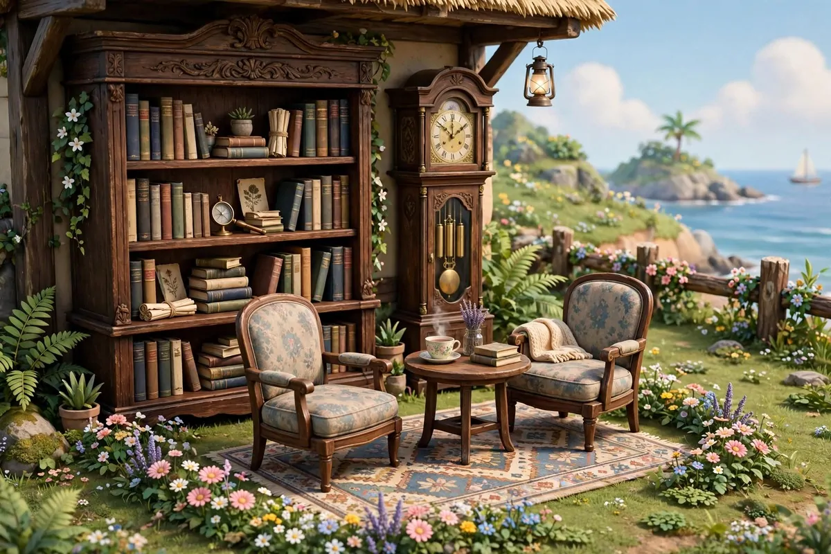 16 Acnh Outdoor Library Builds Straight Out of a Storybook 2 Video game island night scene with outdoor stone fireplace, log benches and book piles under stars