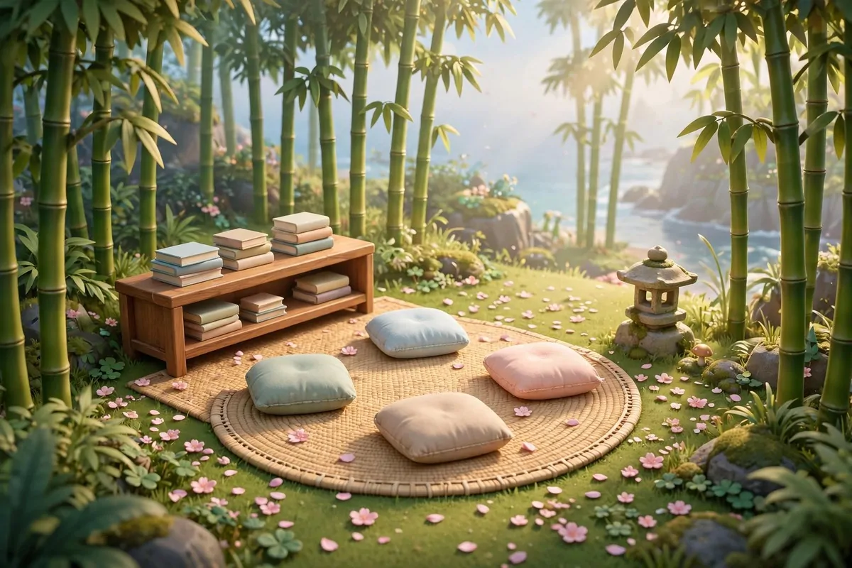 16 Acnh Outdoor Library Builds Straight Out of a Storybook 3 Peaceful video game island bamboo grove with zen floor cushions, low wooden bookcase and stone lantern