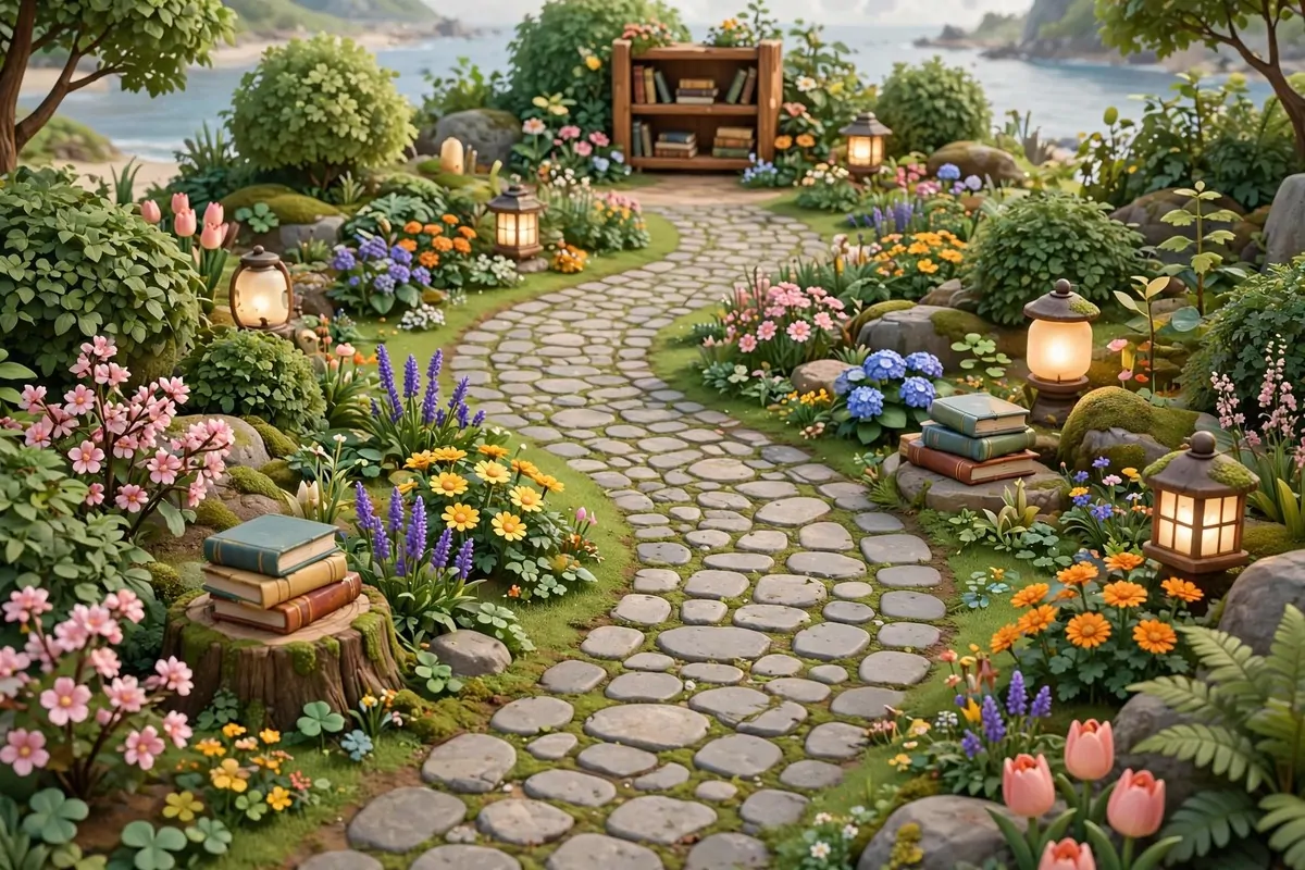 16 Acnh Outdoor Library Builds Straight Out of a Storybook 4 Winding stone path through a video game island garden lined with book piles, lanterns and flowers leading to a small bookshelf