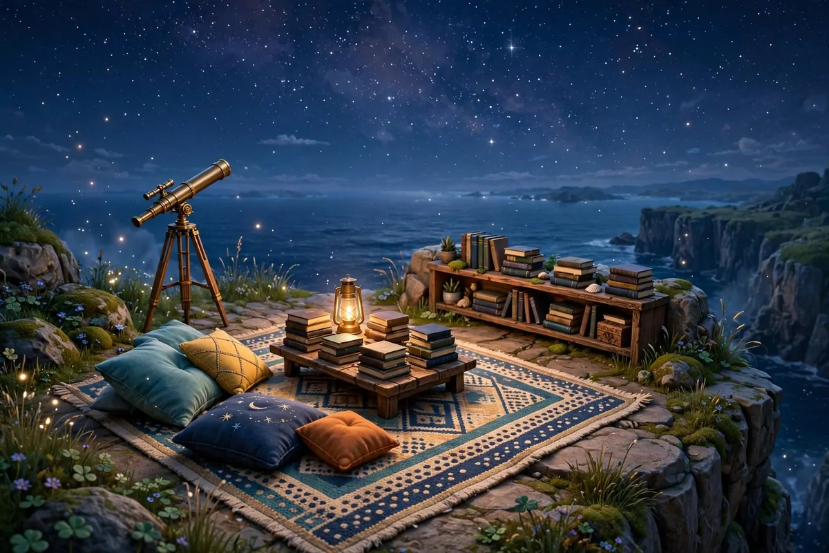 16 Acnh Outdoor Library Builds Straight Out of a Storybook 5 Video game island cliff top at night with telescope, book piles, cushions and glowing starry sky