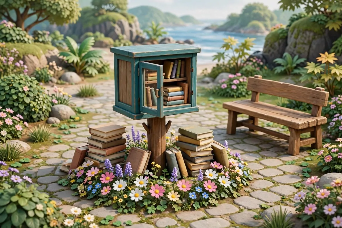 16 Acnh Outdoor Library Builds Straight Out of a Storybook 6 Charming small wooden free library box on a post in a video game island plaza surrounded by benches and flower beds